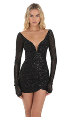Sequin V Neck Long Sleeve Mini Dress