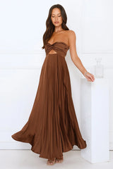 Strapless Satin Pleated Maxi Dress