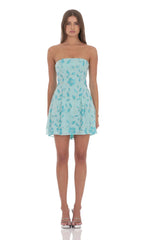 Sequin Beaded Flare Strapless Dress Blue