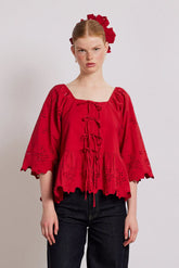 Red Blouse With Bow And Broderie