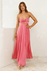 Strapless Satin Pleated Maxi Dress