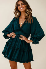 Forest Green Cutout Back Balloon Sleeve Dress