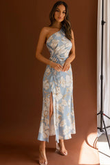 One Shoulder Ruched Midi Dress Floral Blue