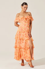Pleated Tiered Maxi Dress Off Shoulder Ruffle Detail