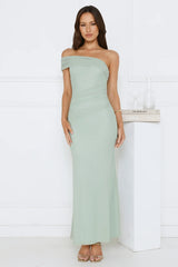 One Shoulder Mesh Maxi Dress Sage Green Flowy Skirt