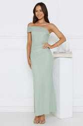 One Shoulder Mesh Maxi Dress Sage Green Flowy Skirt