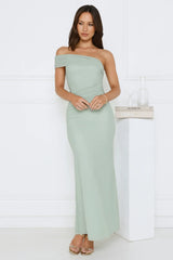 One Shoulder Mesh Maxi Dress Sage Green Flowy Skirt