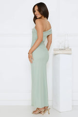 One Shoulder Mesh Maxi Dress Sage Green Flowy Skirt