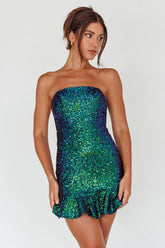 Strapless Sequin Mini Dress Black Green Ruffle Hem