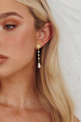 Pearl Crystal Drop Earrings Gold Toned