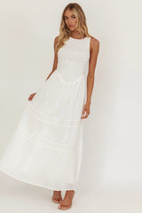 Shirred Bodice Midi Dress White Lace Inserts
