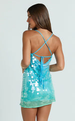 Savanna Mini Dress Strappy Ombre Sequin Shift in Aqua