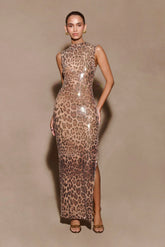 Sequin Midi Dress Leopard Print Evening Glamour