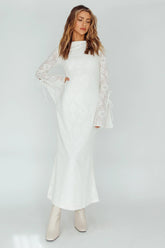 Cream Lace Midi Dress with Bell Sleeves