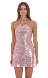 Sequin Halter Dress Pink Sparkle Party Mini
