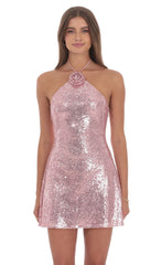 Sequin Halter Dress Pink Sparkle Party Mini