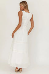 Shirred Bodice Midi Dress White Lace Inserts
