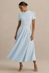 Powder Blue High Neck Midi Dress With Puff Sleeves