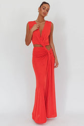 Coral Maxi Dress with Twist Waist Detail