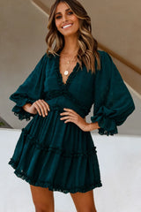 Forest Green Cutout Back Balloon Sleeve Dress