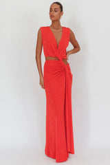 Coral Maxi Dress with Twist Waist Detail