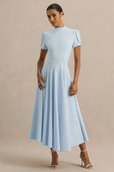 Powder Blue High Neck Midi Dress With Puff Sleeves