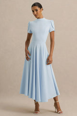 Powder Blue High Neck Midi Dress With Puff Sleeves