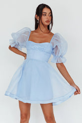 Sunshine Puff Sleeve Mini Dress Sky Blue