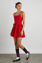 Red Broderie Mini Dress Corset Bodice Bows