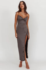 Strapless Lace Trim Midi Dress Charcoal Evening Gown