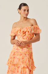 Pleated Tiered Maxi Dress Off Shoulder Ruffle Detail