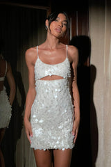 Transparent Sequin Cut Out Mini Dress Ivory
