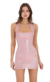 Pink Sequin Halter Dress