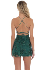 Sequin Embroidered Open Back Dress Emerald Green