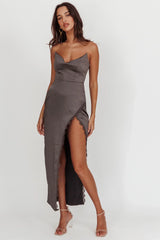 Strapless Lace Trim Midi Dress Charcoal Evening Gown