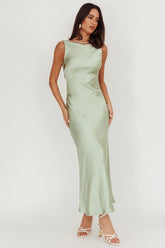 Sage Satin Backless Maxi Dress