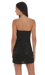 Strapless Sequin Fringe Dress Black Mini