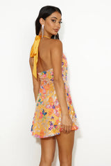 Sequin Mini Dress Orange Sparkle Halterneck