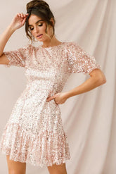 Shine On Sequin Overlay Puff Sleeve Dress Gold