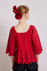 Red Blouse With Bow And Broderie