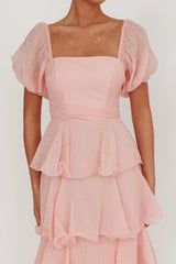 Puff Sleeve Layered Maxi Dress In Baby Pink