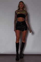 Fishnet Crop Top Black Rhinestone Mesh