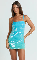 Savanna Mini Dress Strappy Ombre Sequin Shift in Aqua