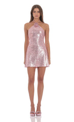 Sequin Halter Dress Pink Sparkle Party Mini