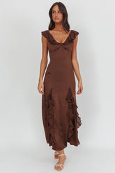Ruffle Trimmed Maxi Dress In Chocolate