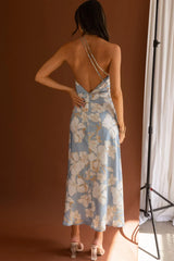 One Shoulder Ruched Midi Dress Floral Blue
