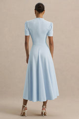 Powder Blue High Neck Midi Dress With Puff Sleeves