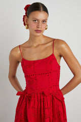 Red Broderie Mini Dress Corset Bodice Bows