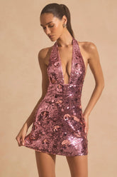 Pink Halterneck Mini Dress with Sequin Embellishments