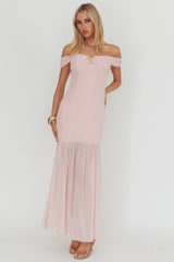 Off Shoulder Sheer Hem Maxi Dress